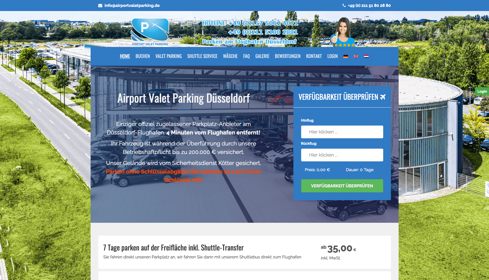 Screenshot Airport Valet Parking Parkplatz Website