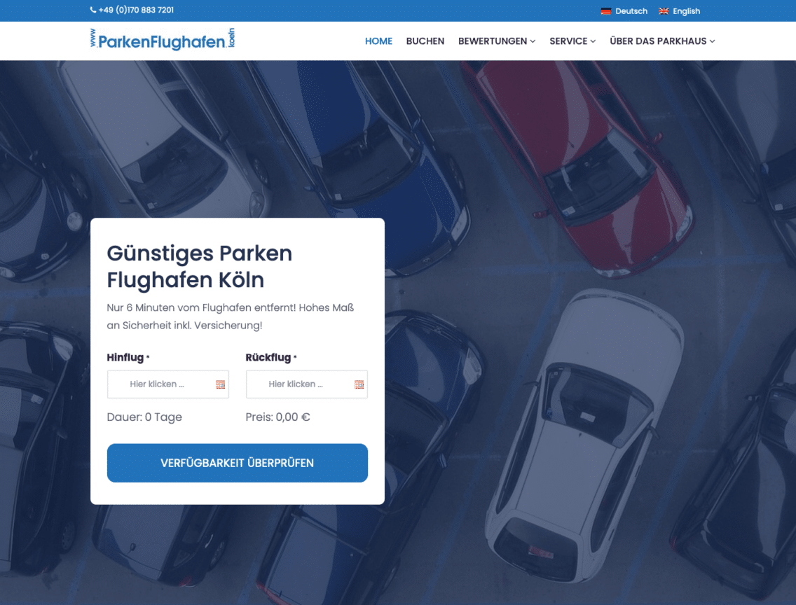 Screenshot Parken Flughafen Köln Parkplatz Webseite