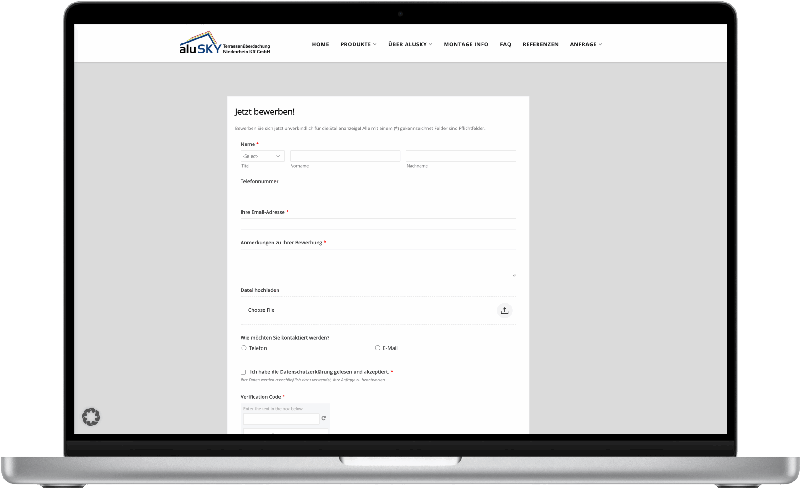 aluSky Terrassenüberdachungen Screenshot Kontakt Referenz