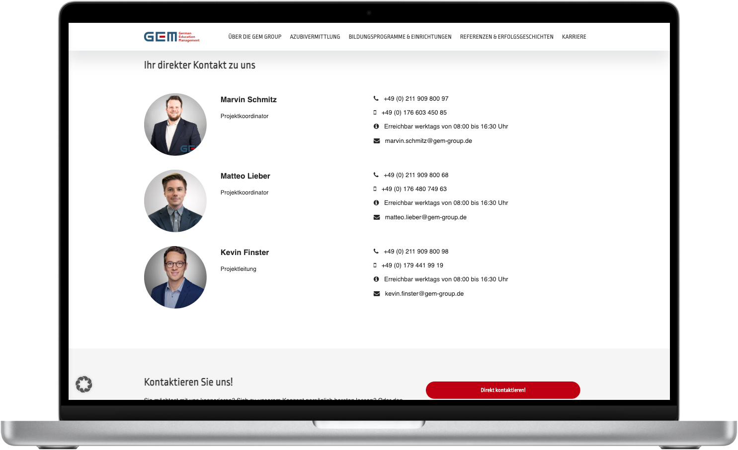 GEM Referenz Screenshot Ansprechpartner Inhaltselement