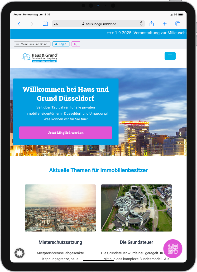 Tablet Ansicht Haus und Grund Düsseldorf Startseite mit WordPress