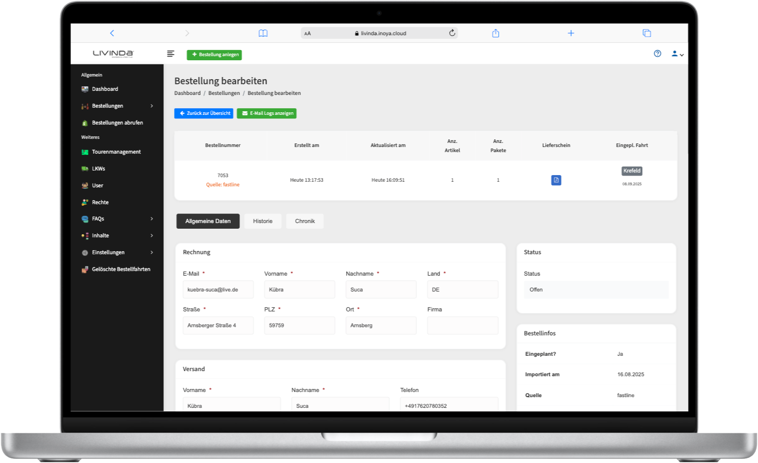 Livinda individuelle Softwareentwicklung Referenz Screenshot Bestellung bearbeiten
