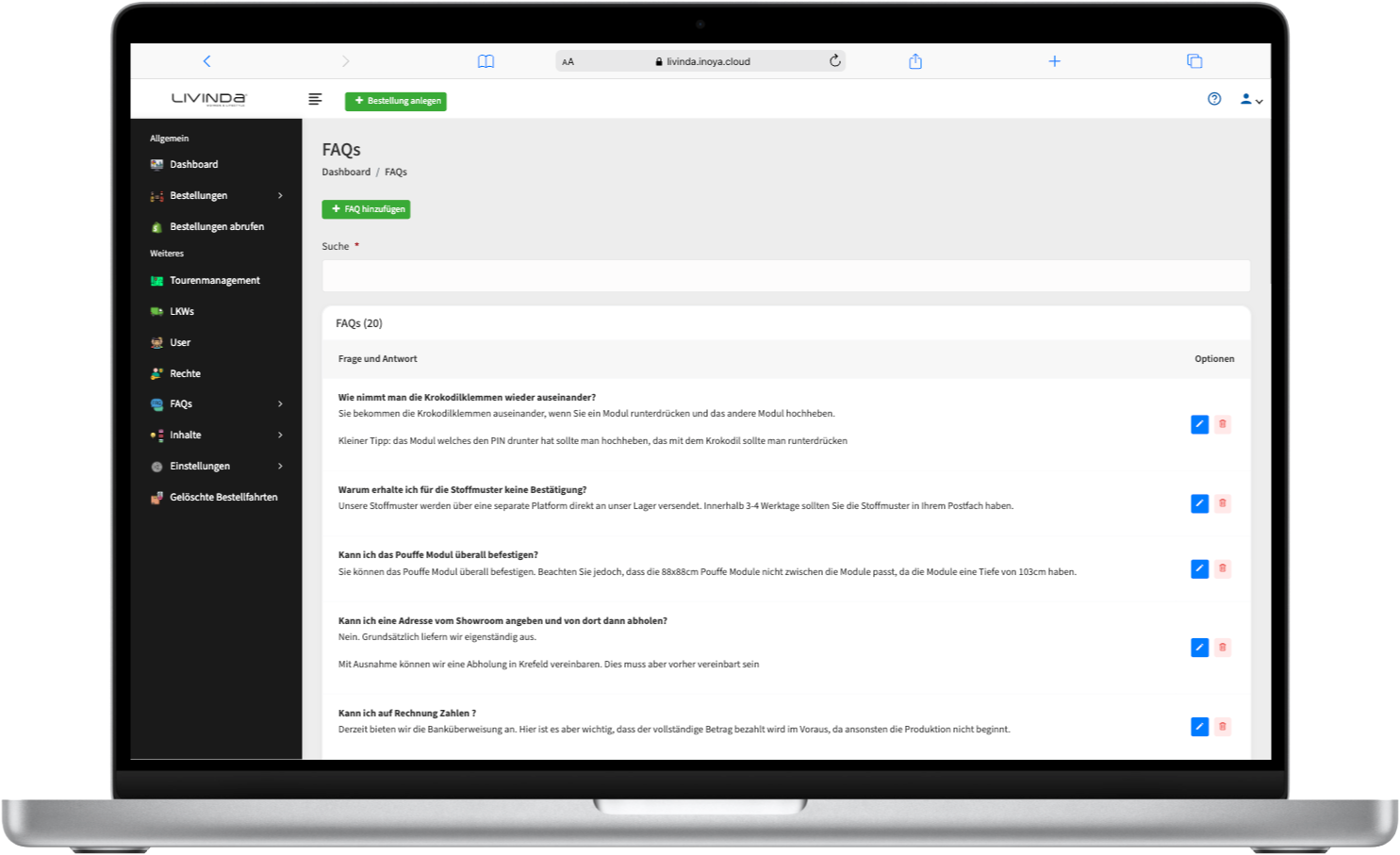 Livinda individuelle Softwareentwicklung Referenz Screenshot FAQs