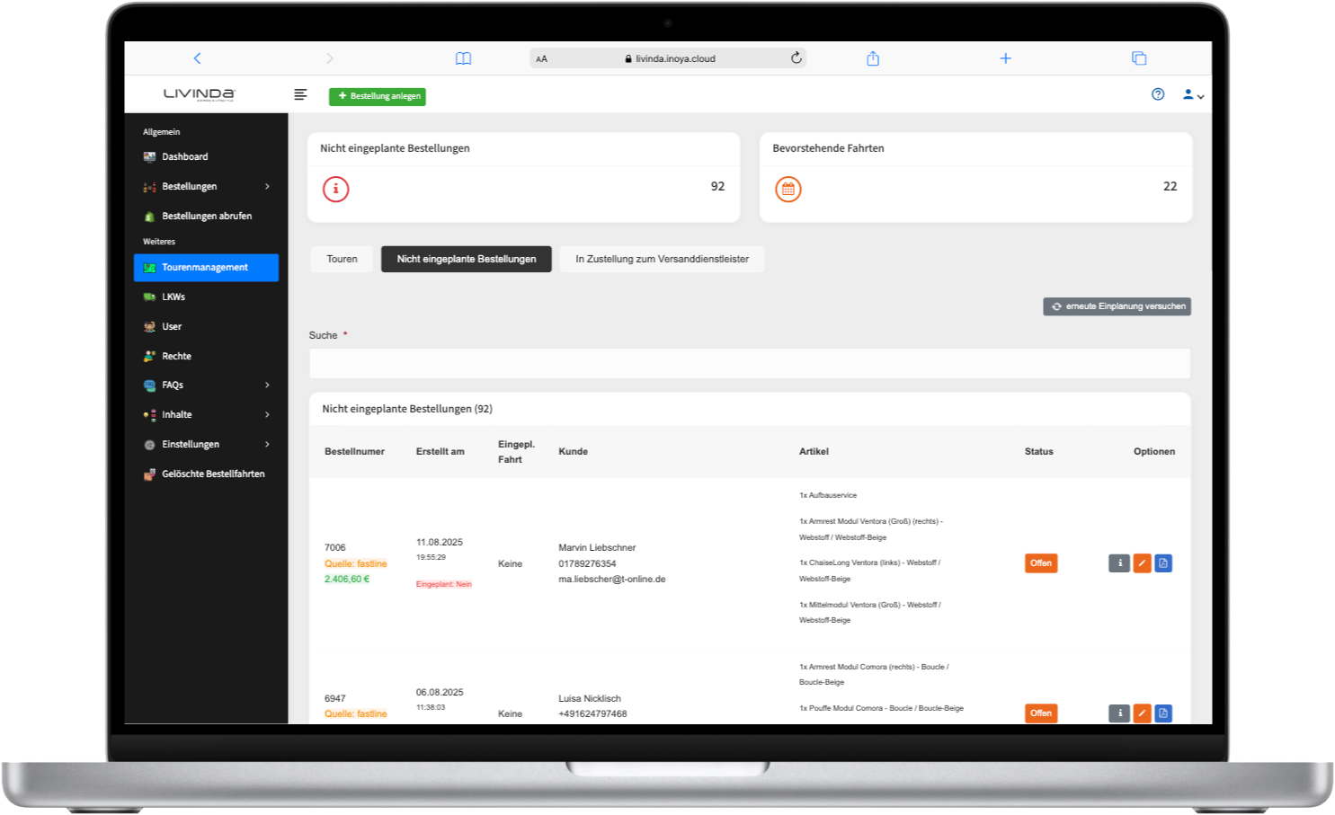 Livinda individuelle Softwareentwicklung Referenz Screenshot Tourenmanagement nicht eingeplante Bestellungen
