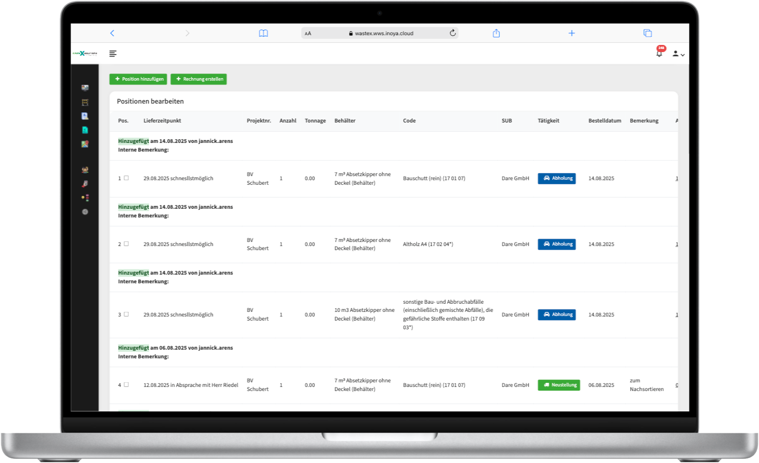 wastex Solutions individuelle Softwareentwicklung Screnshot Aufträge