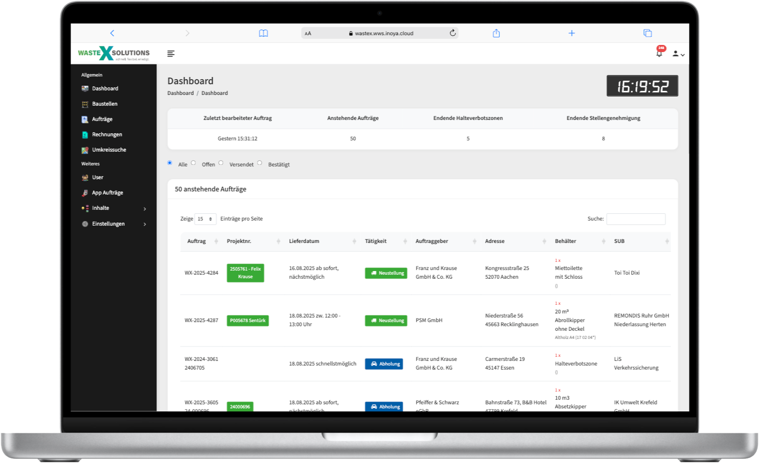 wastex Solutions individuelle Softwareentwicklung Screnshot Dashboard