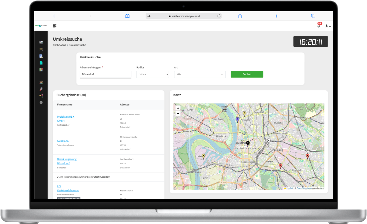 wastex Solutions individuelle Softwareentwicklung Screnshot Umkreissuche