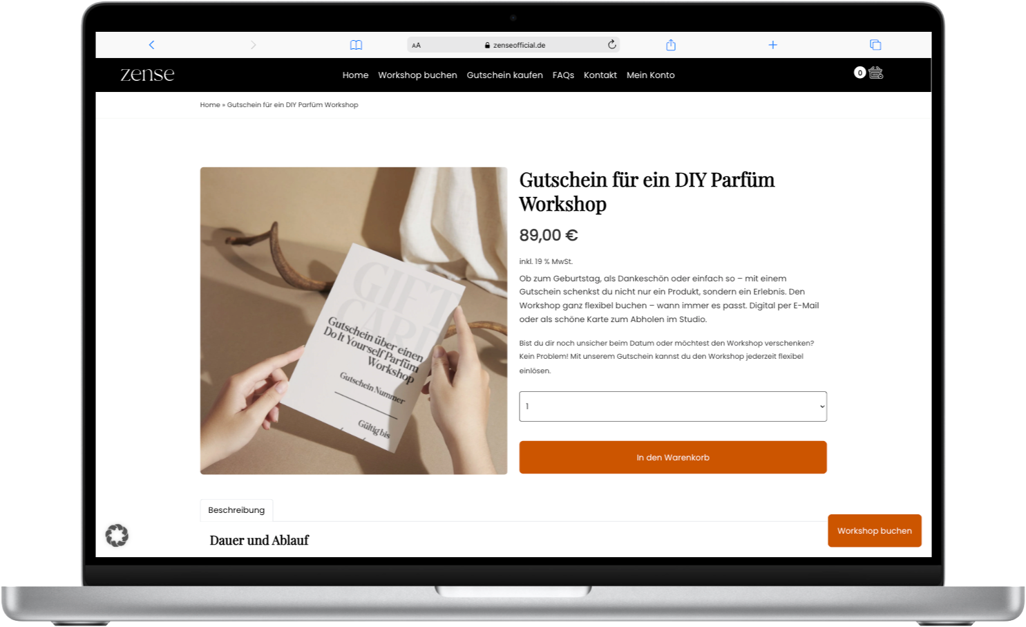 zense Gutschein kaufen WooCommerce Detailseite