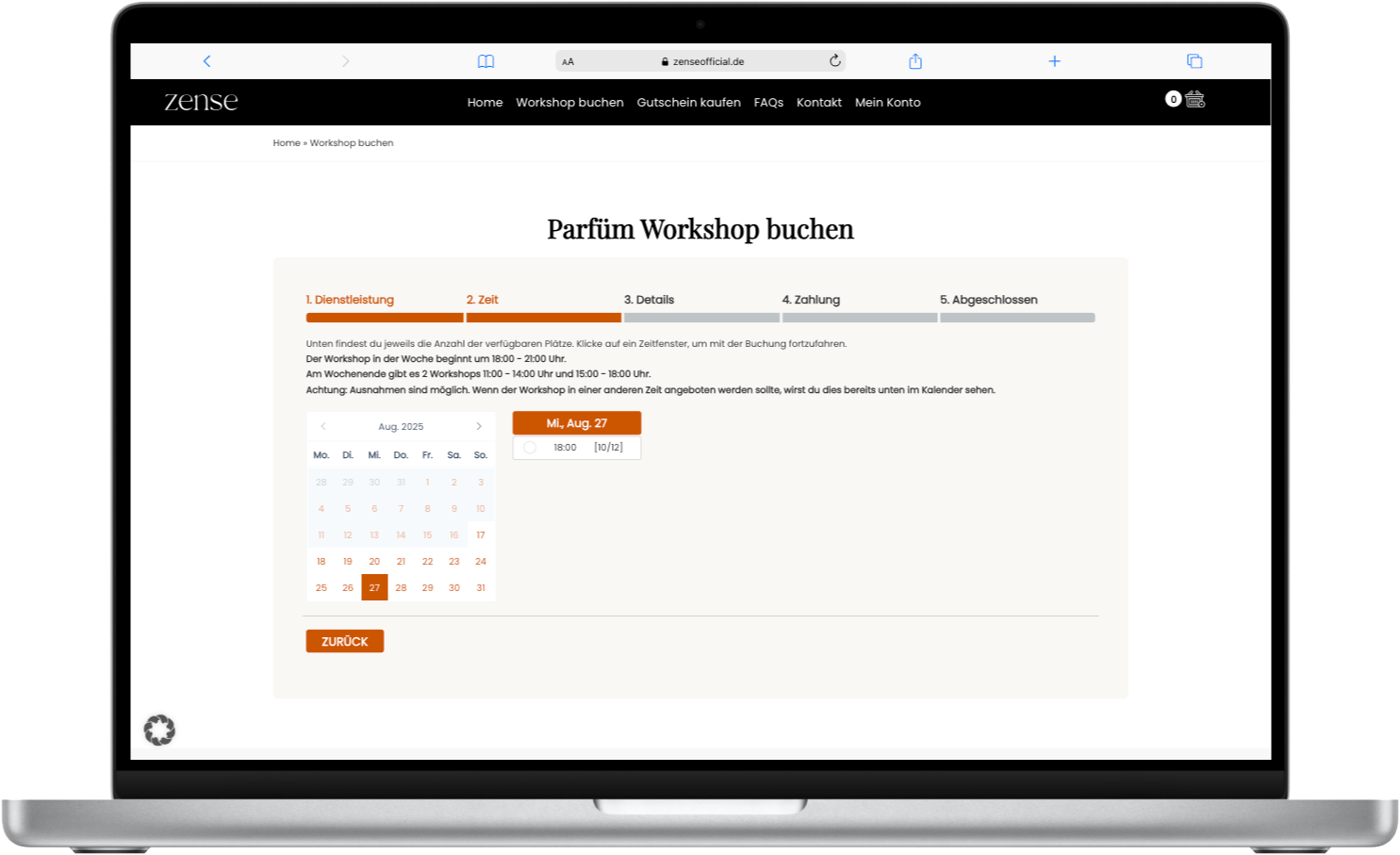 zense DIY Parfüm Workshop Referenz Screenshot Buchung mit Bookly